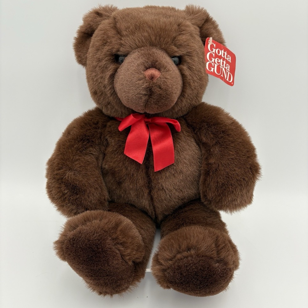 Gund Marshmallow Bear 17" Brown Teddy Plush Red Bow VTG Stuffed Tags